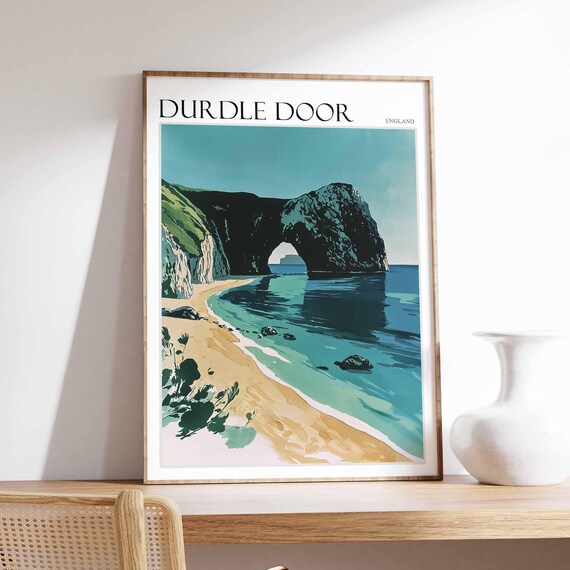 Durdle Door England Retro Stone Arch Teal Beach Illustration Poster
