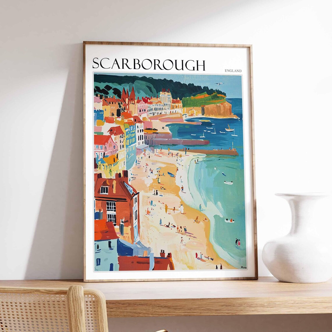 Scarborough Busy Beach Piers Vibrant Town Scene Poster England
