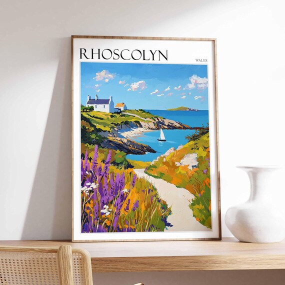 Rhoscolyn Wales Lavender Field Path Cottage Sailboat Art Poster