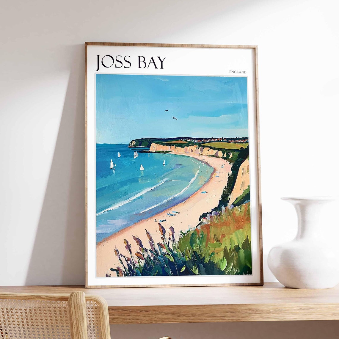 Joss Bay England Curved Sandy Bay Cliffs Sailing Scene Poster
