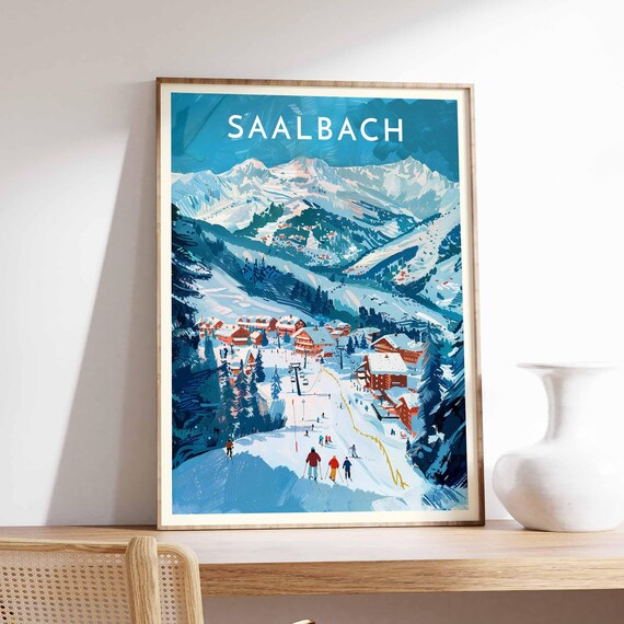 Saalbach Ski Resort Bold Graphic Skiers and Chairlift Poster