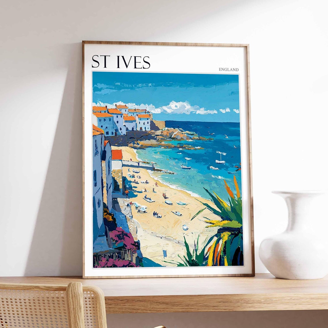 St Ives England White Cottages Golden Beach Boats Art Poster