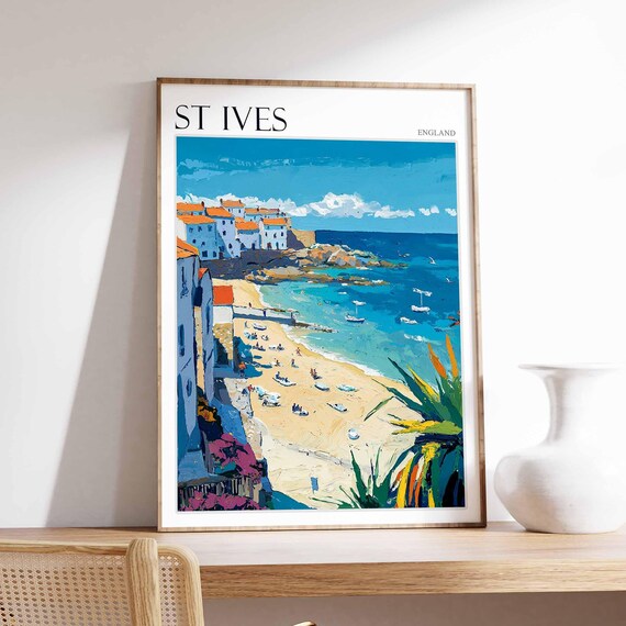 St Ives England White Cottages Golden Beach Boats Art Poster