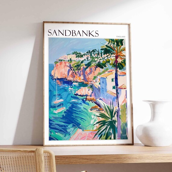 Sandbanks England Rocky Cove Sailboats Red Cliffs Palms Art Poster