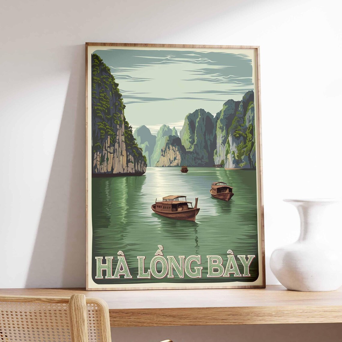 Ha Long Bay Vietnam Limestone Karst Islands Boat Retro Travel Poster