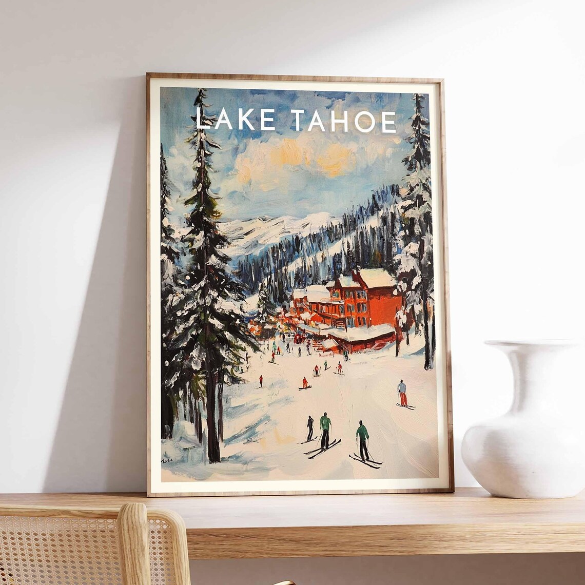 Lake Tahoe Skiing Travel Poster, Winter Sport Art Print