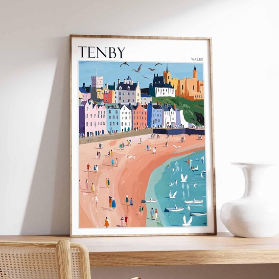 Tenby Beach Seagulls Pastel Houses Castle Seaside Art Poster