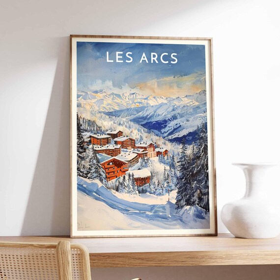 Les Arcs France Red Chalets Snowy Valley Pines Ski Travel Poster