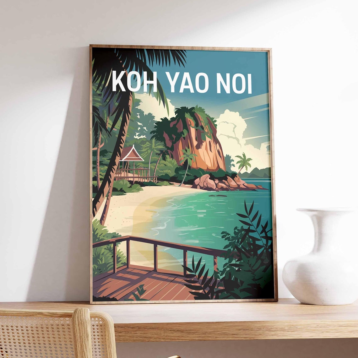Koh Yao Noi Tropical Beach Palm Trees Cliff Island Travel Poster