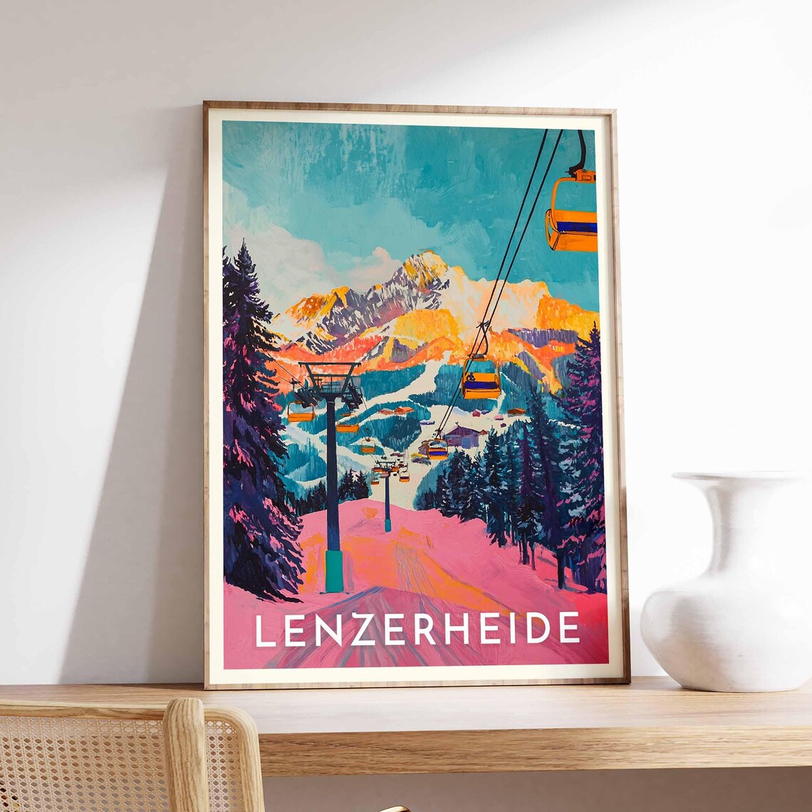 Lenzerheide Switzerland Retro Chairlift Pink Slopes Art Ski Poster