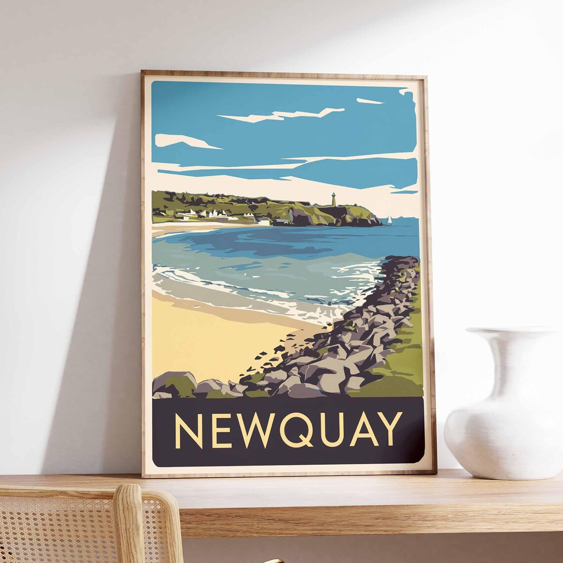 Newquay England Cornwall Rocky Bay Seaside Headland Retro Travel Poster