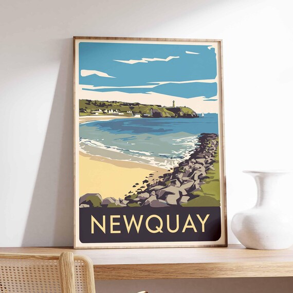 Newquay England Cornwall Rocky Bay Seaside Headland Retro Travel Poster