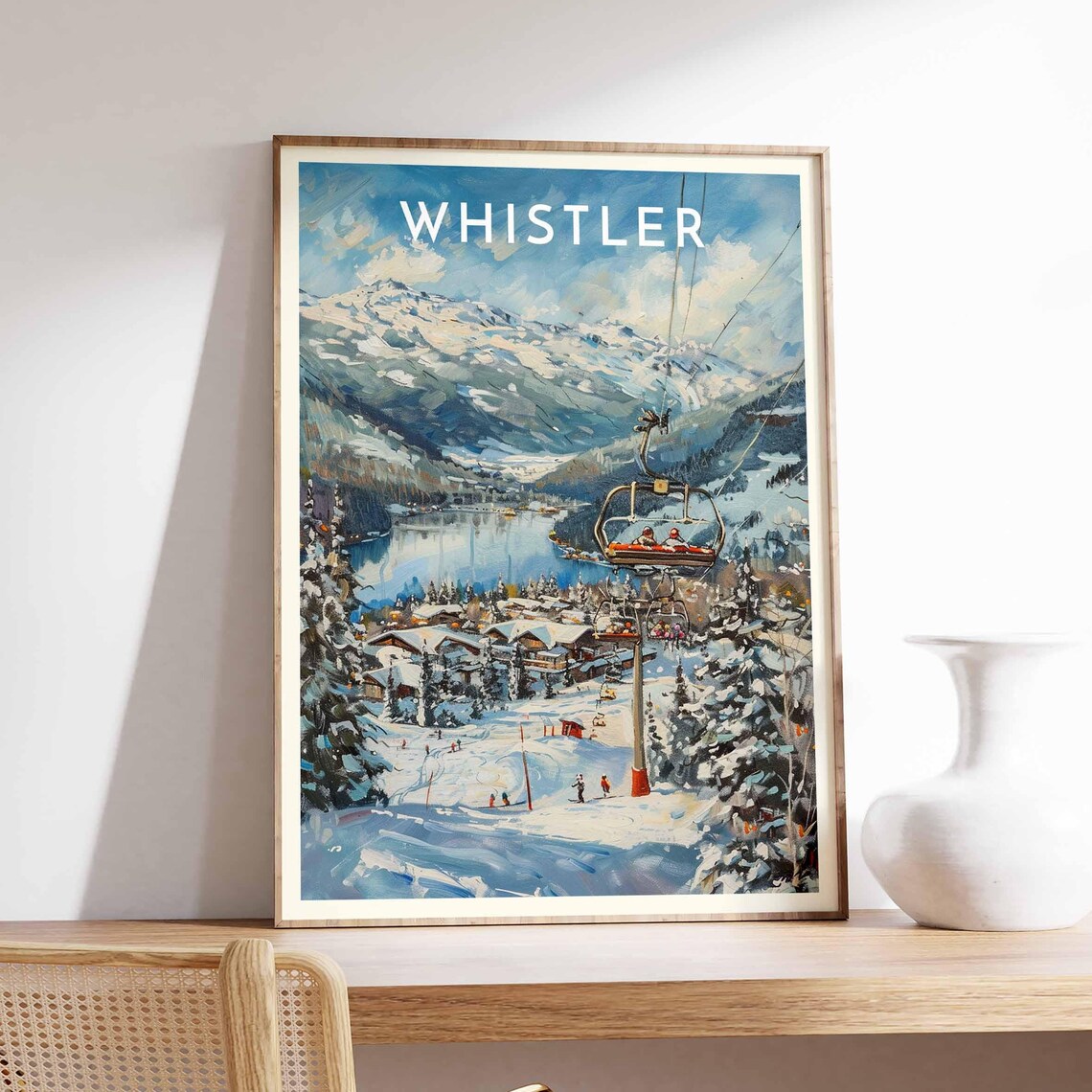 Whistler Canada Chairlift Over Village Snowy Lake Travel Poster