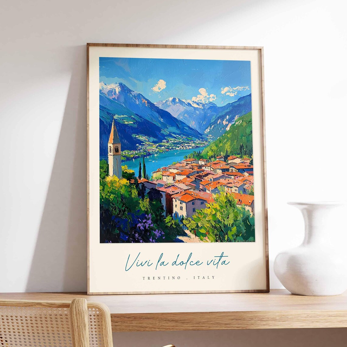 Trentino Italy Alpine Lake Town Painting Church Bell Tower Poster