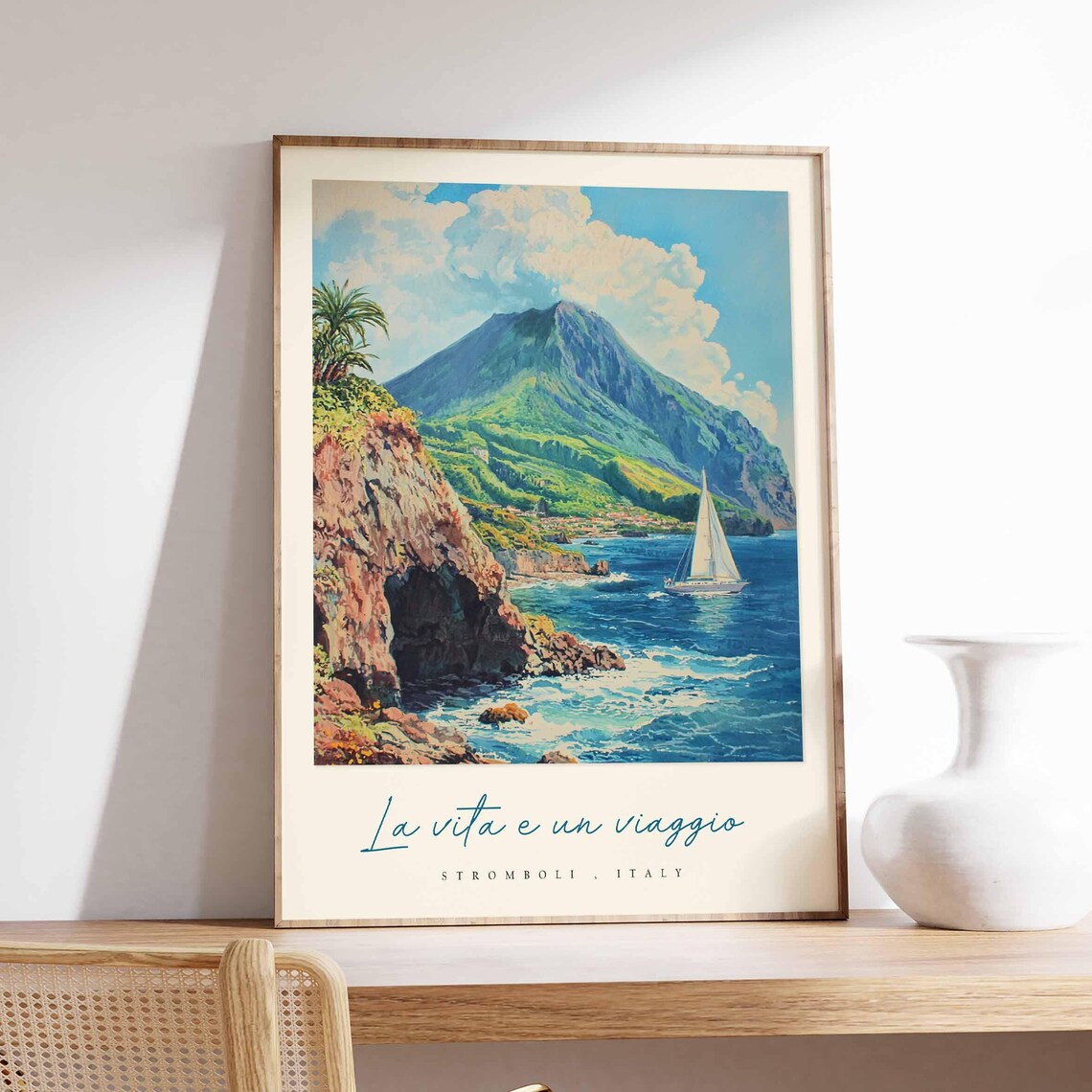 Stromboli Italy Volcano Coast Painting Sailboat Sea Cave Poster