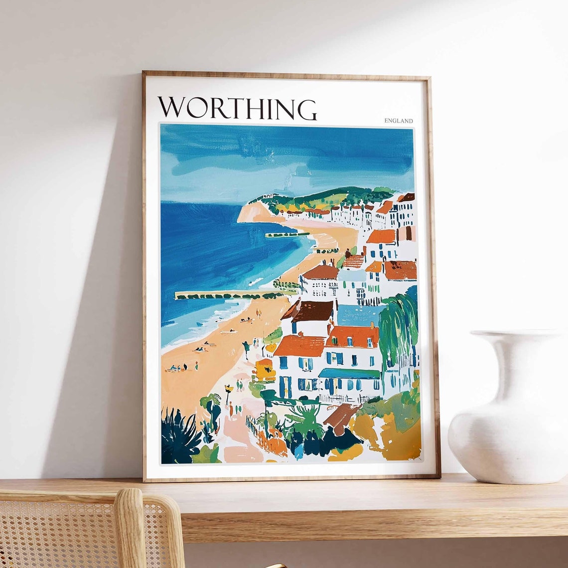Worthing England Coastal Cliffs Seaside Houses Beach Painting Poster