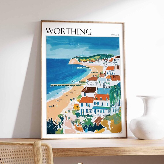 Worthing England Coastal Cliffs Seaside Houses Beach Painting Poster