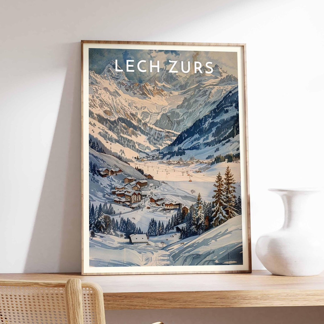 Lech Zurs Austria Alpine Ski Village Snowy Peaks Vintage Poster