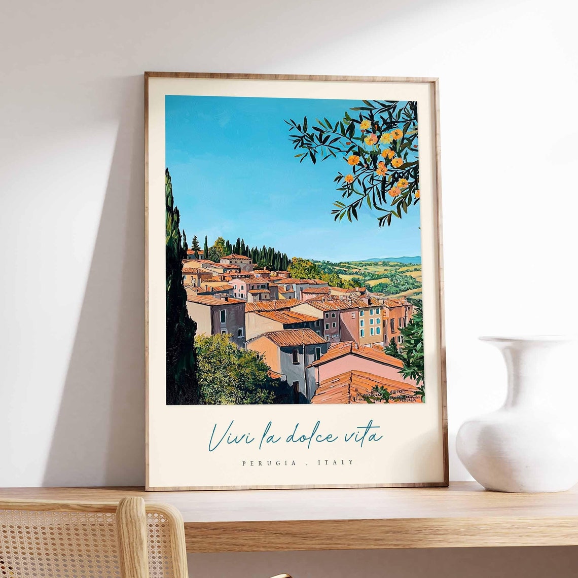 Perugia Italy Sunlit Rooftops Orange Blossom Scene Travel Poster