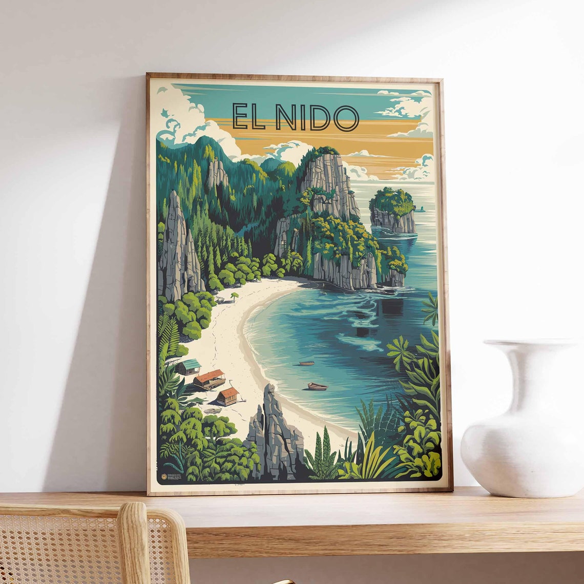 El Nido Tropical Karst Cliffs Beach Lagoon Vintage Travel Poster