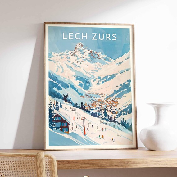 Lech Zurs Austria Vintage Ski Lifts Peak Alpine Village Poster