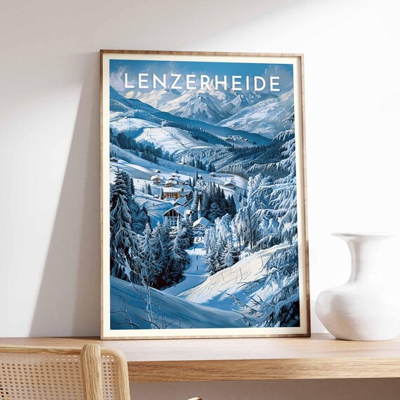 Lenzerheide Switzerland Snowy Village Church Blue Peaks Ski Poster