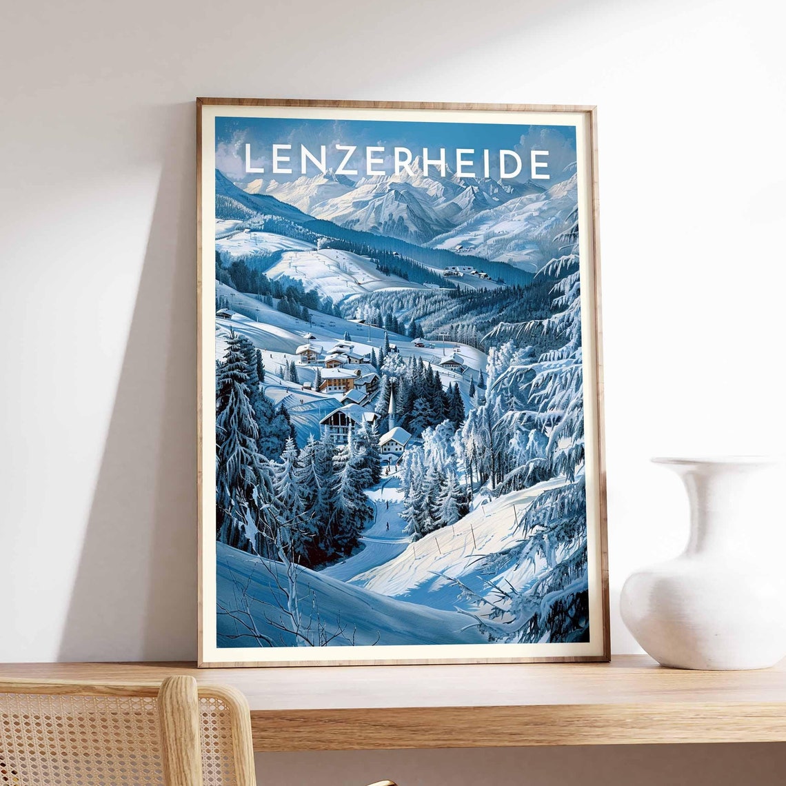 Lenzerheide Switzerland Snowy Village Church Blue Peaks Ski Poster