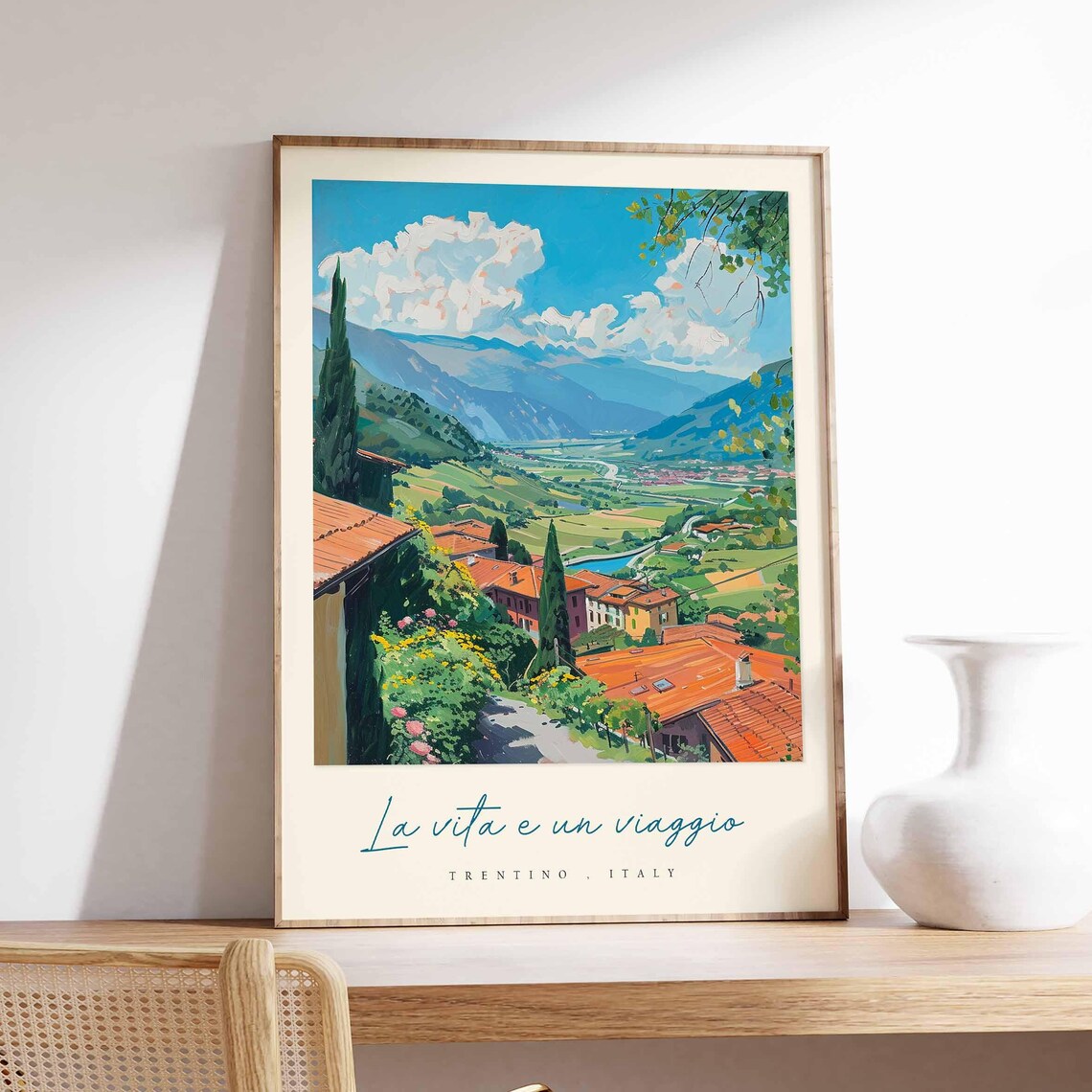 Trentino Italy Valley View Painting Terracotta Roofs River Poster
