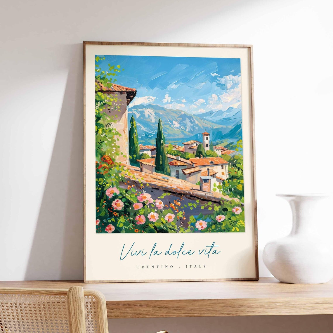 Trentino Italy Village Rooftops Painting Cypress Pink Flowers Poster