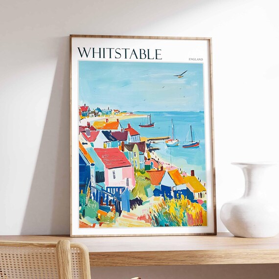 Whitstable England Harbour Sailboats Red Roof Cottages Poster