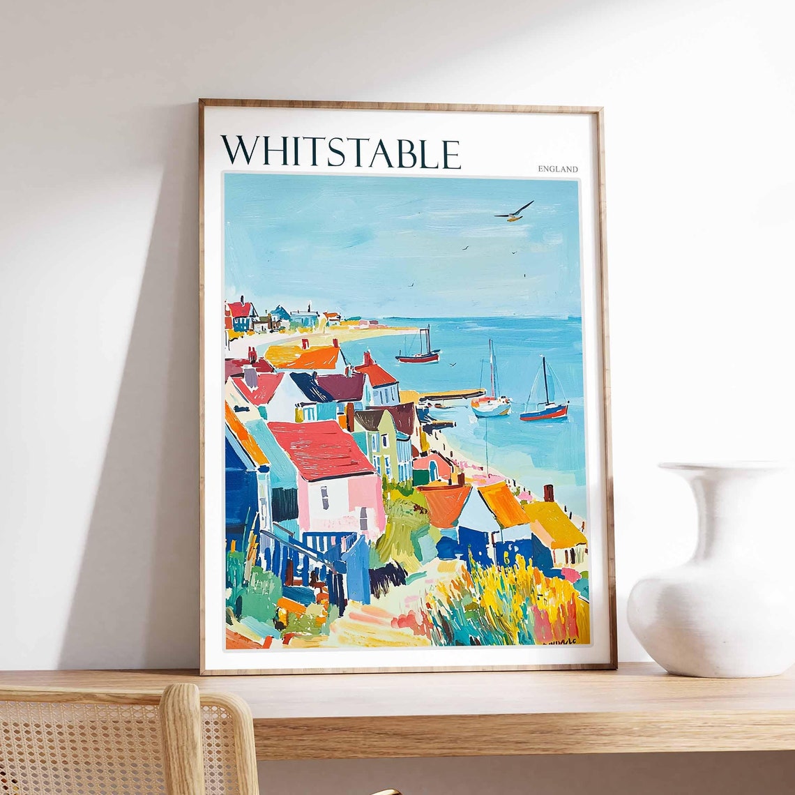 Whitstable England Harbour Sailboats Red Roof Cottages Poster