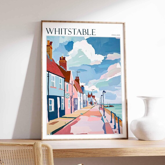 Whitstable England Pastel Seafront Cottages Dramatic Sky Poster