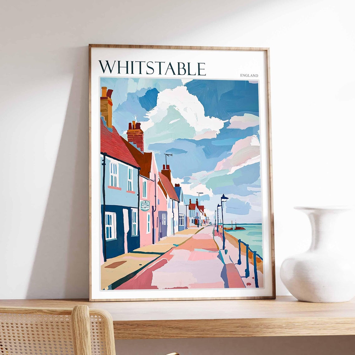 Whitstable England Pastel Seafront Cottages Dramatic Sky Poster