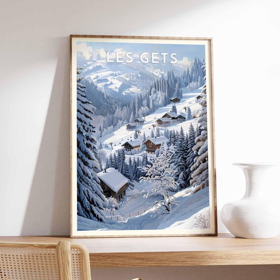 Les Gets French Alps Snowy Ski Chalets Winter Scene Travel Poster