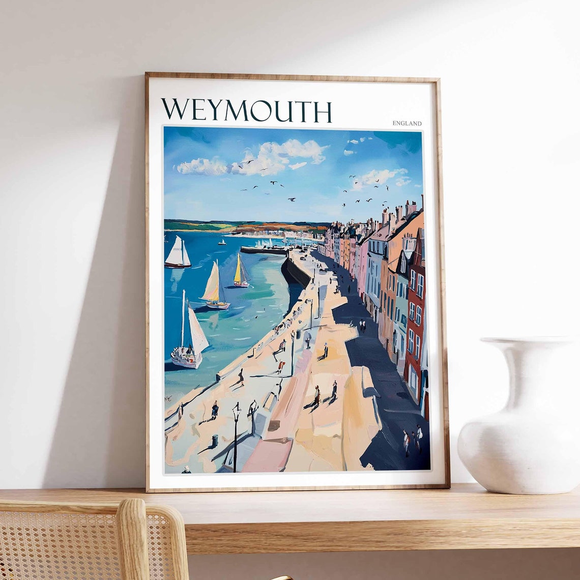 Weymouth England Busy Promenade Sailboats Seagulls Town Poster