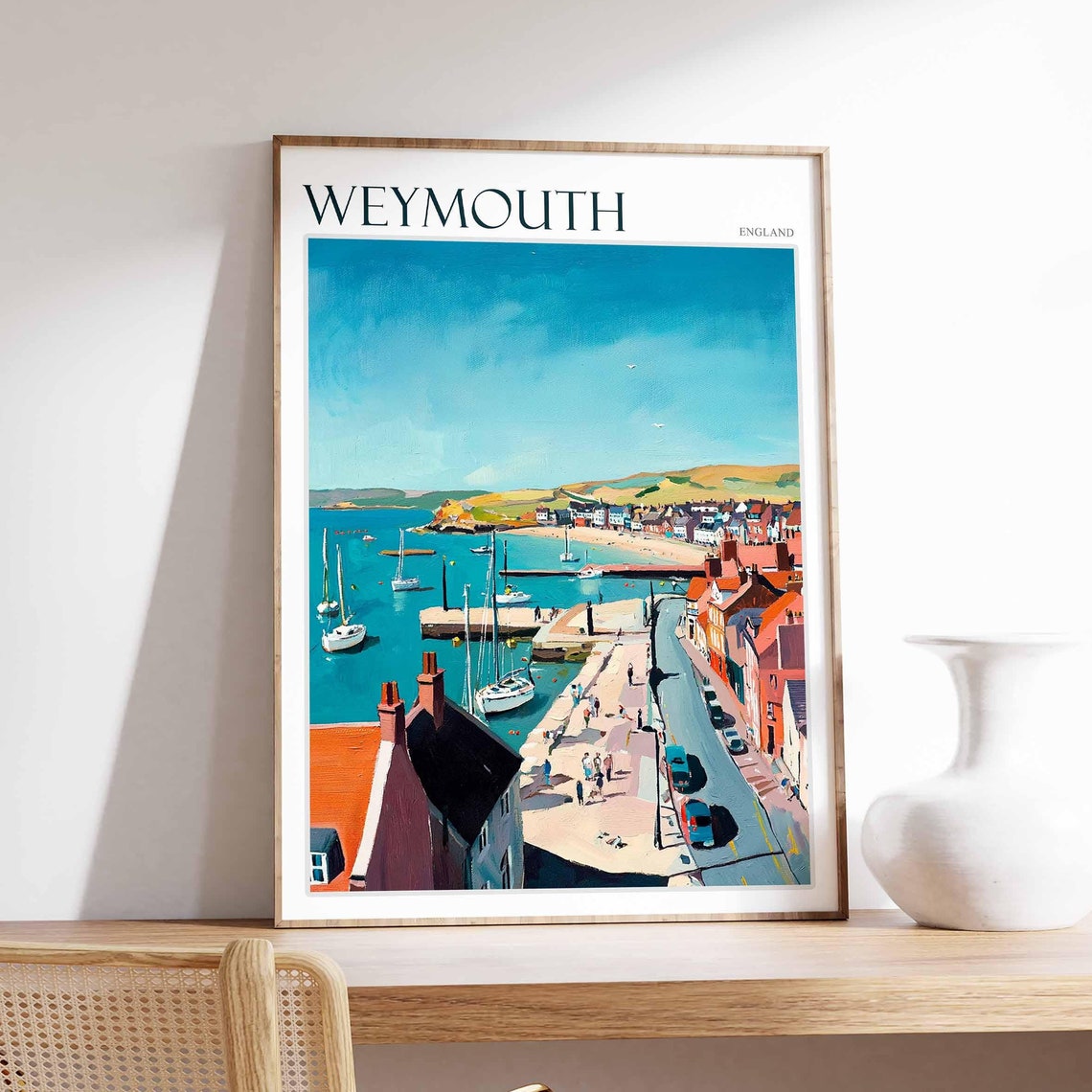 Weymouth England Harbour Aerial View Moored Yachts Travel Poster