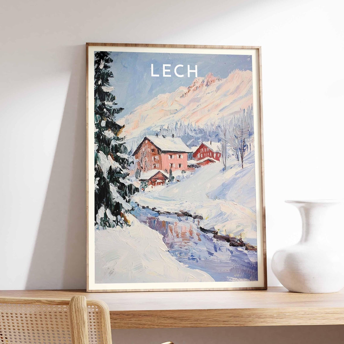 Lech Austria Snowy Stream Red Chalets Pines Winter Painting Poster