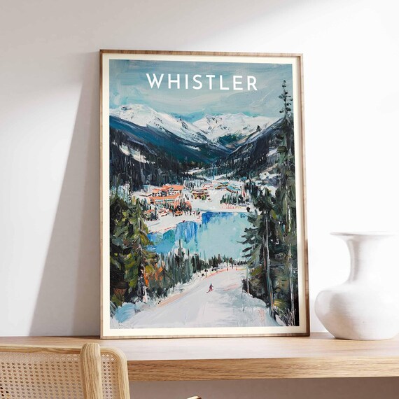 Whistler Canada Lake View Ski Slope Painterly Art Travel Poster