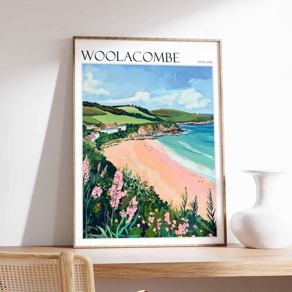 Woolacombe Sandy Cove Wildflowers Devon England Travel Poster