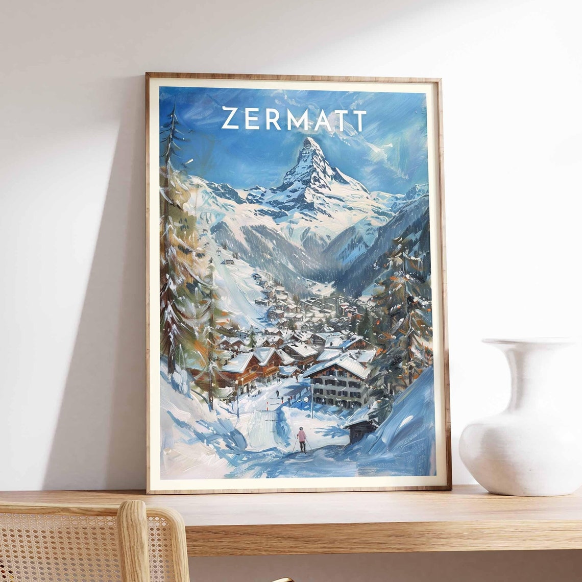 Zermatt Matterhorn Village Pines Lone Skier Scene Winter Poster