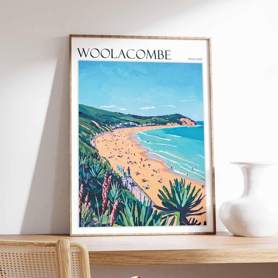 Woolacombe England Dune View Tropical Flowers Beach Travel Poster