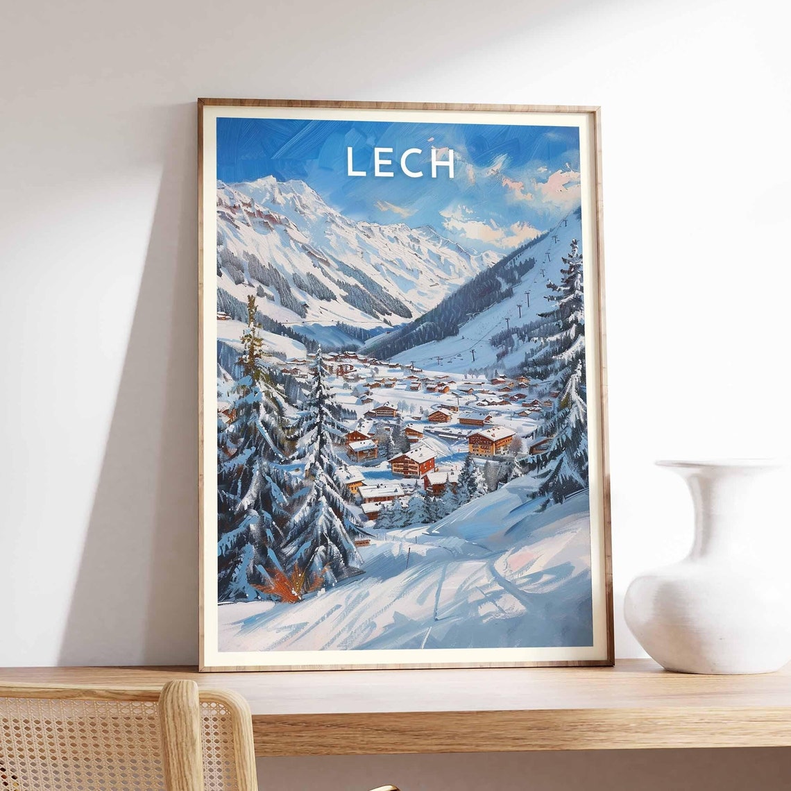 Lech Austria Sunny Snowy Valley Town Pines Peaks Watercolor Poster