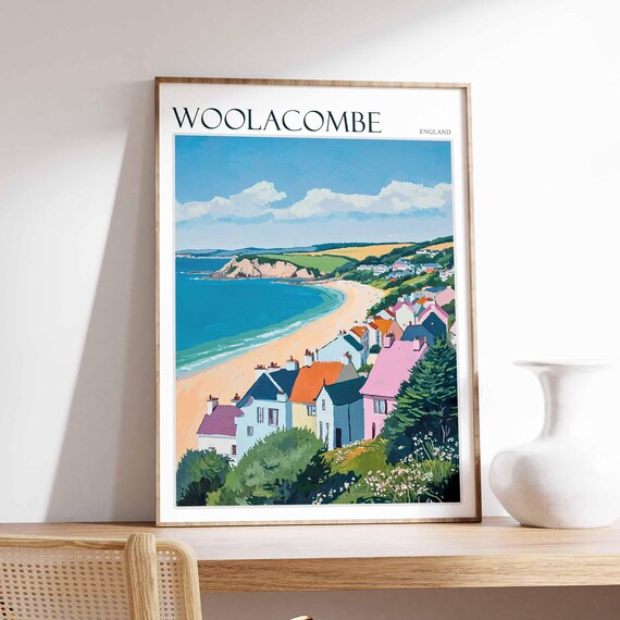 Woolacombe England Colorful Cottages Hillside Bay Travel Poster