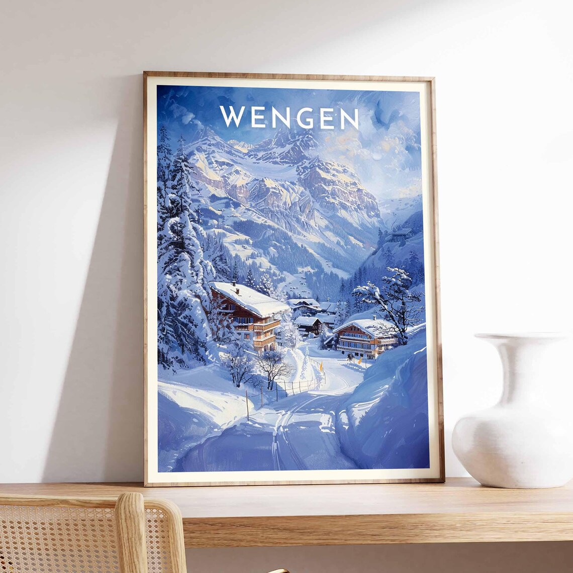 Wengen Switzerland Snowy Valley Chalets Alpine Winter Travel Poster