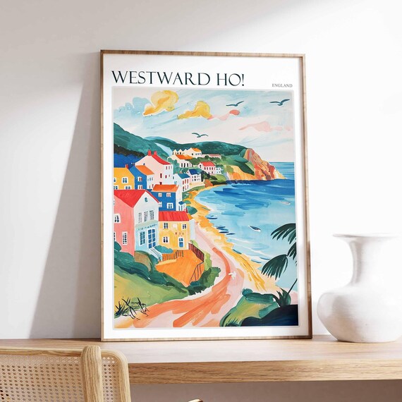 Westward Ho Poster North Devon Poster Uk Travel Poster Coastal Wall Art British Decor Surfing Travel Poster Westward Ho Travel Print
