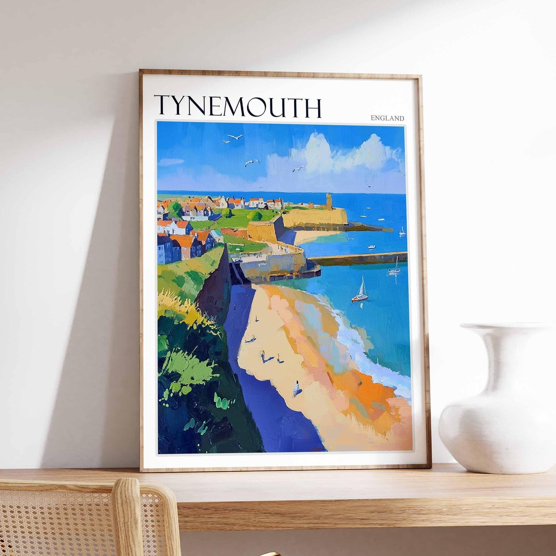 Tynemouth Castle Headland Beach Sailboats Painterly Coast Art Poster