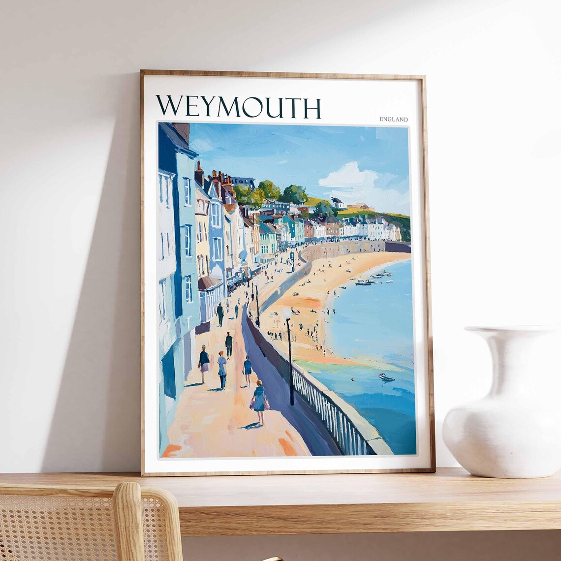 Weymouth Promenade Colorful Houses Beach Walkers Sunny Art Poster
