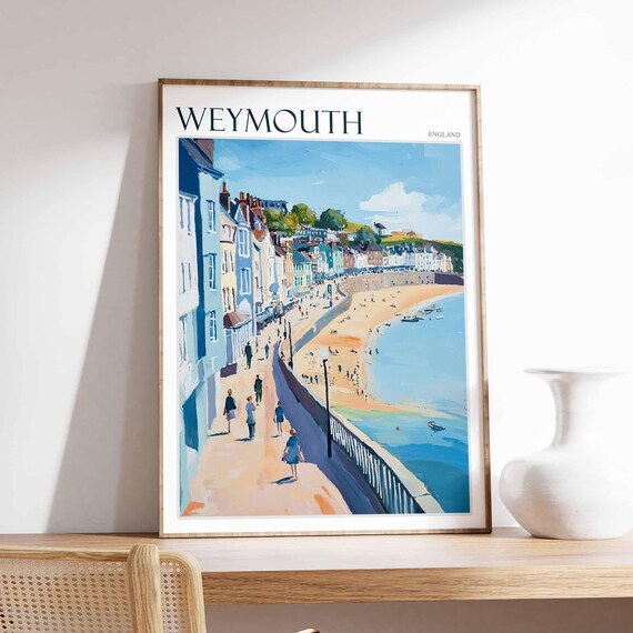 Weymouth Promenade Colorful Houses Beach Walkers Sunny Art Poster
