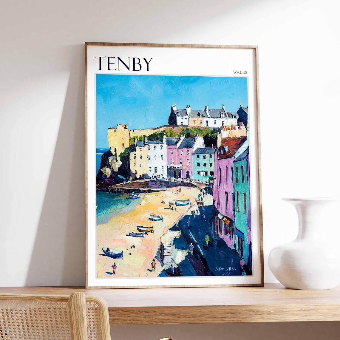 Tenby Harbour Boats Colorful Houses Castle Cove Scene Art Poster