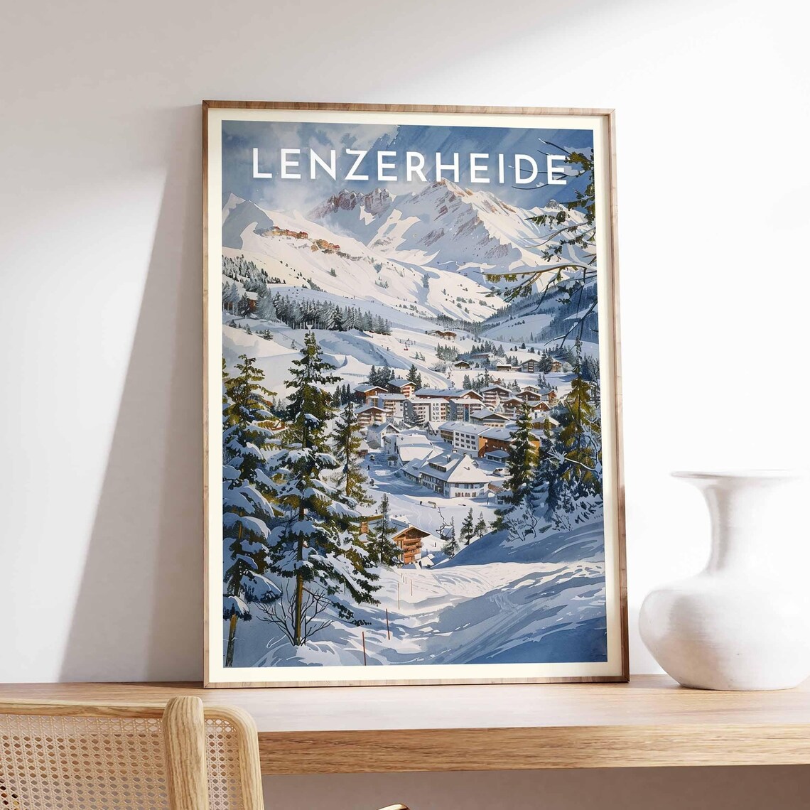 Lenzerheide Switzerland Watercolor Snowy Village Valley Ski Poster